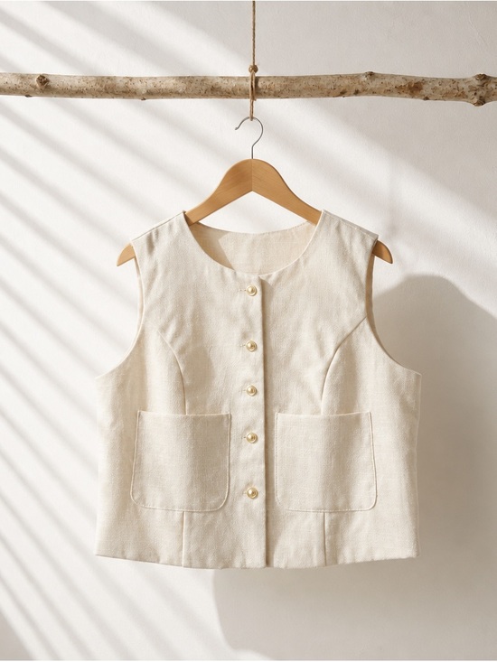 Dazy Jackets & Blazers - Cream Sleeveless Button-Up Vest with Patch Pockets